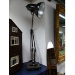 A FLOOR STANDING BLACK ANGLEPOISE GIANT 1227 LAMP ON STEPPED SQUARE FOOT LABELLED 205/250, THE RIM