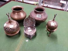 TWO ISLAMIC BRASS ONION TOPPED INCENSE BURNERS AND STANDS, AN INDIAN COPPER RICH OIL LAMP TOGETHER