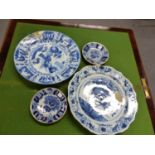 TWO 18th C. DUTCH DELFT BLUE AND WHITE DISHES, ONE IN KRAAK STYLE WITH CENTRAL CHINESE MAN IN HIS
