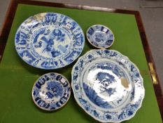 TWO 18th C. DUTCH DELFT BLUE AND WHITE DISHES, ONE IN KRAAK STYLE WITH CENTRAL CHINESE MAN IN HIS