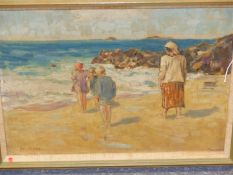 JOHN RIDDLE (?) (EARLY 20th.C. ENGLISH SCHOOL). ON THE BEACH. SIGNED, OIL ON CANVAS. 31 x 41cms.