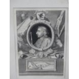 THREE EARLY ANTIQUE PORTRAIT PRINTS OF KINGS AFTER G. VERTUE. LARGEST 30 x 20cms. TOGETHER WITH A