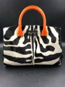 MAX MARA HANDBAG. A DESIGNER FAUX ZEBRA AND ORANGE LEATHER SMALL TOTE BAG, WITH A LAMB CALF