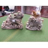 TWO CHINESE OATMEAL COLOURED SOAPSTONE GROUPS FEATURING SAGES ABOUT WINGED MYTHICAL BEASTS WALKING