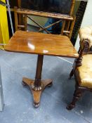 A 19th C. MAHOGANY WINE TABLE, THE RECTANGULAR TOP ON A GUN BARREL COLUMN FLARING TO ITS HEXAFOIL