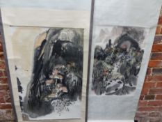 TWO CHINESE SCROLL PAINTINGS OF MOUNTAINOUS VIEWS, ONE WITH RED ROOVES AMONGST THE NEAR VERTICAL