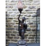 A SPELTER FIGURAL LAMP CAST AS AN AMERICAN INDIAN WITH BOW AND SHIELD IN HIS LEFT HAND WHILE THE