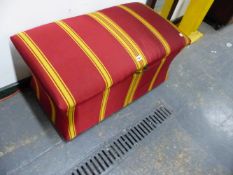 AN OTTOMAN UPHOLSTERED IN YELLOW STRIPED WINE RED ABOVE CASTER FEET. W 91 x D 51 x H 51cms.