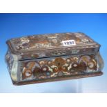 A VICTORIAN COROMANDEL GROUND BOULLE CASKET WITH DOMED RECTANGULAR LID AND BOMBE SIDES. W 23cms.