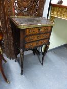 A 19th C. MAHOGANY CHEST OF THREE DRAWERS, THE BRASS GALLERIED TOP AROUND LEATHER INSET, THE