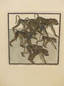 NORBERTINE BRESSLERN ROTH (1891-1978). ARR. BABOONS. PENCIL SIGNED AND INSCRIBED LINO CUT. 24 x