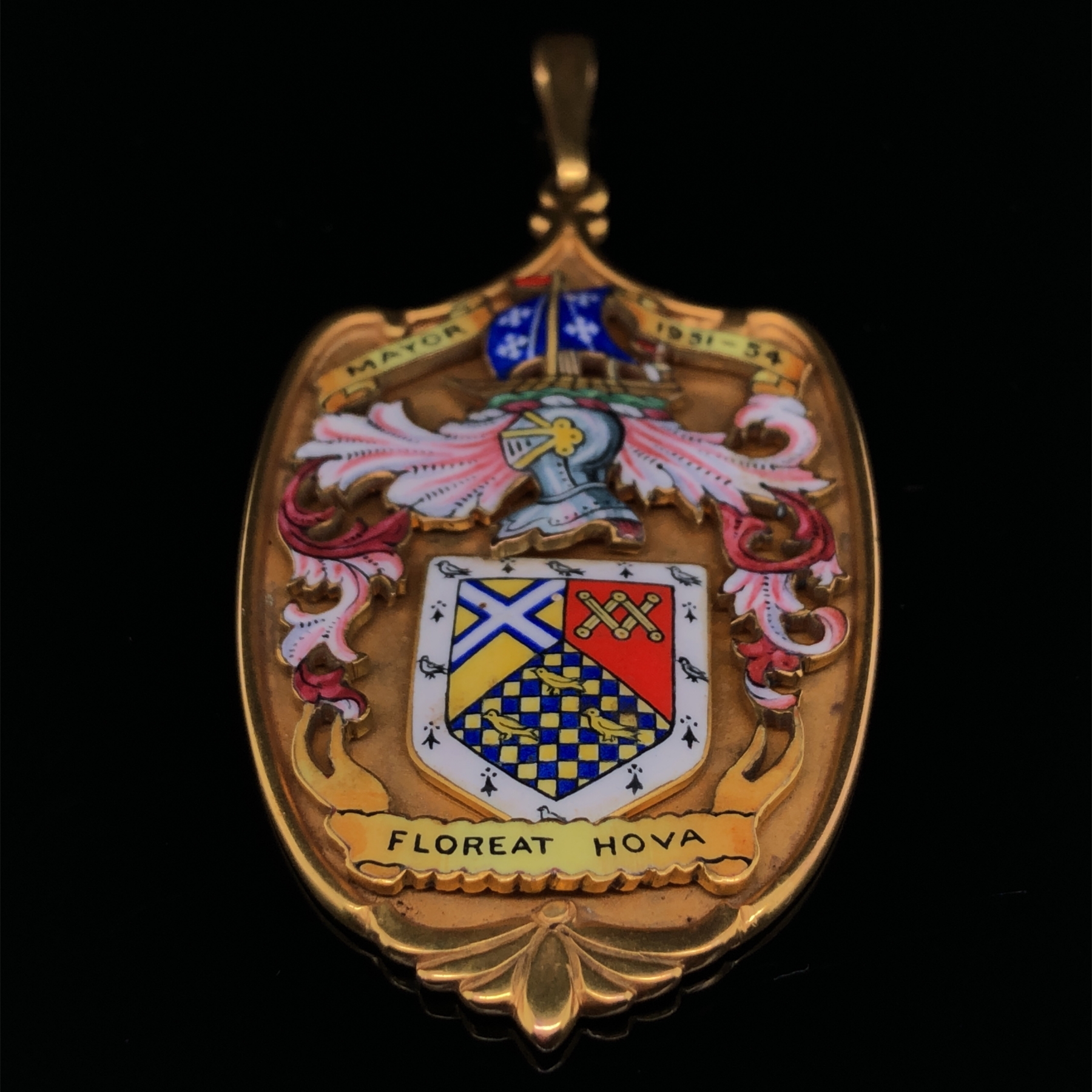 A HALLMARKED 9ct GOLD AND ENAMEL MAYORS MEDALLION, ENGRAVED WITH ENAMEL BANNERS 1951-54, AND FLOREAT - Image 7 of 11
