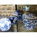 FIVE VARIOUS CHINESE BLUE AND WHITE GINGER JARS AND TWO COVERS, TWO WITH FOUR CHARACTER MARKS, THE