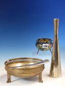 A CHRISTOPHER DRESSER STYLE ELECTROPLATE TRIPOD BOWL WITH OVER SWING HANDLE. Dia. 10cms. A