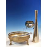 A CHRISTOPHER DRESSER STYLE ELECTROPLATE TRIPOD BOWL WITH OVER SWING HANDLE. Dia. 10cms. A