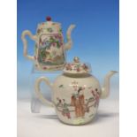 A CANTON TEA POT AND A COFFEE POT PAINTED WITH FIGURES, THE LATTER MOULDED IN RELIEF AND WITH