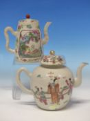 A CANTON TEA POT AND A COFFEE POT PAINTED WITH FIGURES, THE LATTER MOULDED IN RELIEF AND WITH