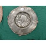 A WMF PEWTER DISH WITH CENTRAL ART NOUVEAU HEAD OF A LADY. Dia. 32cms. A JAPANESE METAL MOUNTED