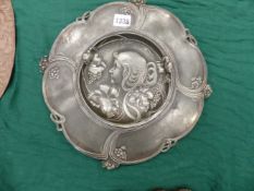 A WMF PEWTER DISH WITH CENTRAL ART NOUVEAU HEAD OF A LADY. Dia. 32cms. A JAPANESE METAL MOUNTED