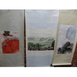 THREE CHINESE SCROLLS DEPICTING AN ACQUEDUCT AND SPRING FARMING BEFORE THE GREAT WALL. 39 x 71cms.