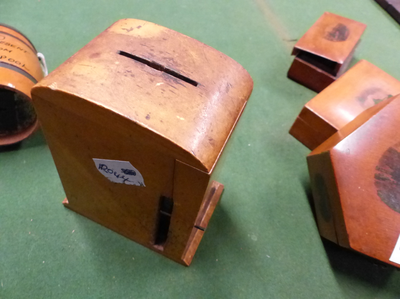 THREE MAUCHLINE WARE BOXES TOGETHER WITH TWO MONEY BOXES, THE LARGEST OF CLOCK FORM. H 11.5cms. - Image 6 of 9