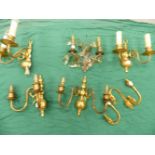 TWO PAIRS OF BRASS TWO BRANCH WALL LIGHTS, A PAIR OF SINGLE SOCKET WALL LIGHTS HUNG WITH GLASS