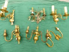 TWO PAIRS OF BRASS TWO BRANCH WALL LIGHTS, A PAIR OF SINGLE SOCKET WALL LIGHTS HUNG WITH GLASS