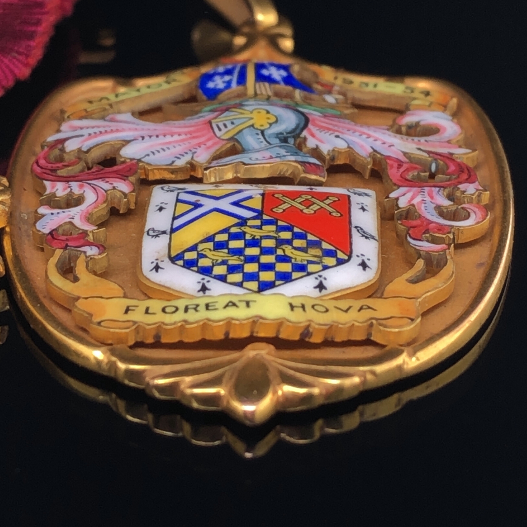 A HALLMARKED 9ct GOLD AND ENAMEL MAYORS MEDALLION, ENGRAVED WITH ENAMEL BANNERS 1951-54, AND FLOREAT - Image 9 of 11