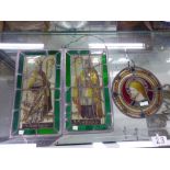 LEADED GLASS PANELS OF ST MARTINUS AND ST ANSELMUS. 42.5 x 23cms. TOGETHER WITH A ROUNDEL OF CHRIST.