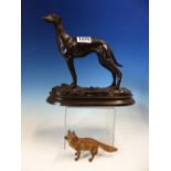 AN AUSTRIAN COLD PAINTED BRONZE FOX. W 11.5cms. TOGETHER WITH A BRONZE GREYHOUND SIGNED BARRIE. W