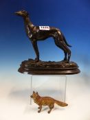 AN AUSTRIAN COLD PAINTED BRONZE FOX. W 11.5cms. TOGETHER WITH A BRONZE GREYHOUND SIGNED BARRIE. W