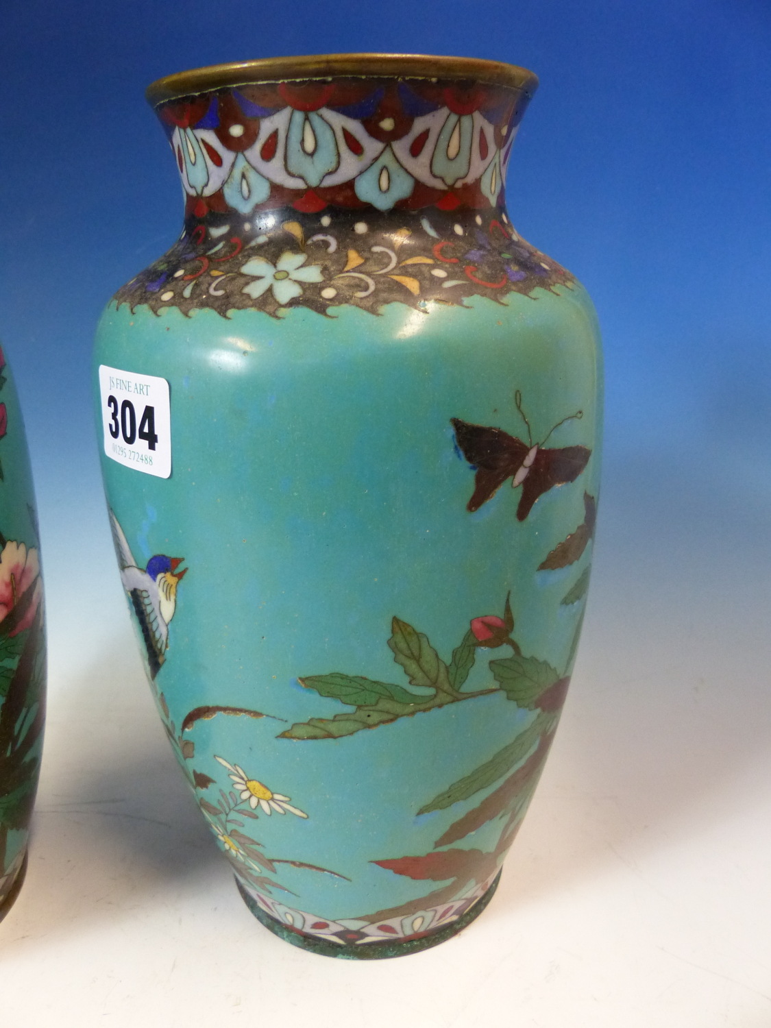 A PAIR OF JAPANESE CLOISONNE VASES WORKED WITH BIRDS AND FLOWERS ON A GREEN TURQUOISE GROUND. H - Image 9 of 11