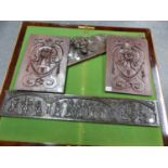 A PAIR OF ANTIQUE MAHOGANY PANELS CARVED WITH MASKS. 40 x 27.5cms. AN OAK MASK OVERMANTEL. W 89 x