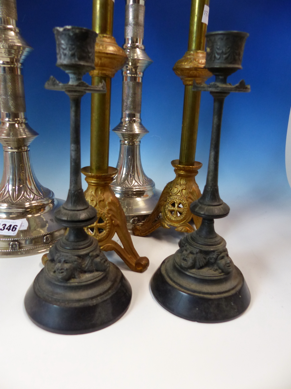 A PAIR OF NEOGOTHIC SILVERED PRICKET CANDLESTICKS. H 48.5cms. A PAIR OF PARCEL GOLD PAINTED BRASS - Image 2 of 6