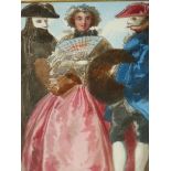 19th.C. CONTINENTAL SCHOOL. THREE SCENES OF VENETIAN FIGURES AT A MASKED BALL. WATERCOLOURS. 18 x