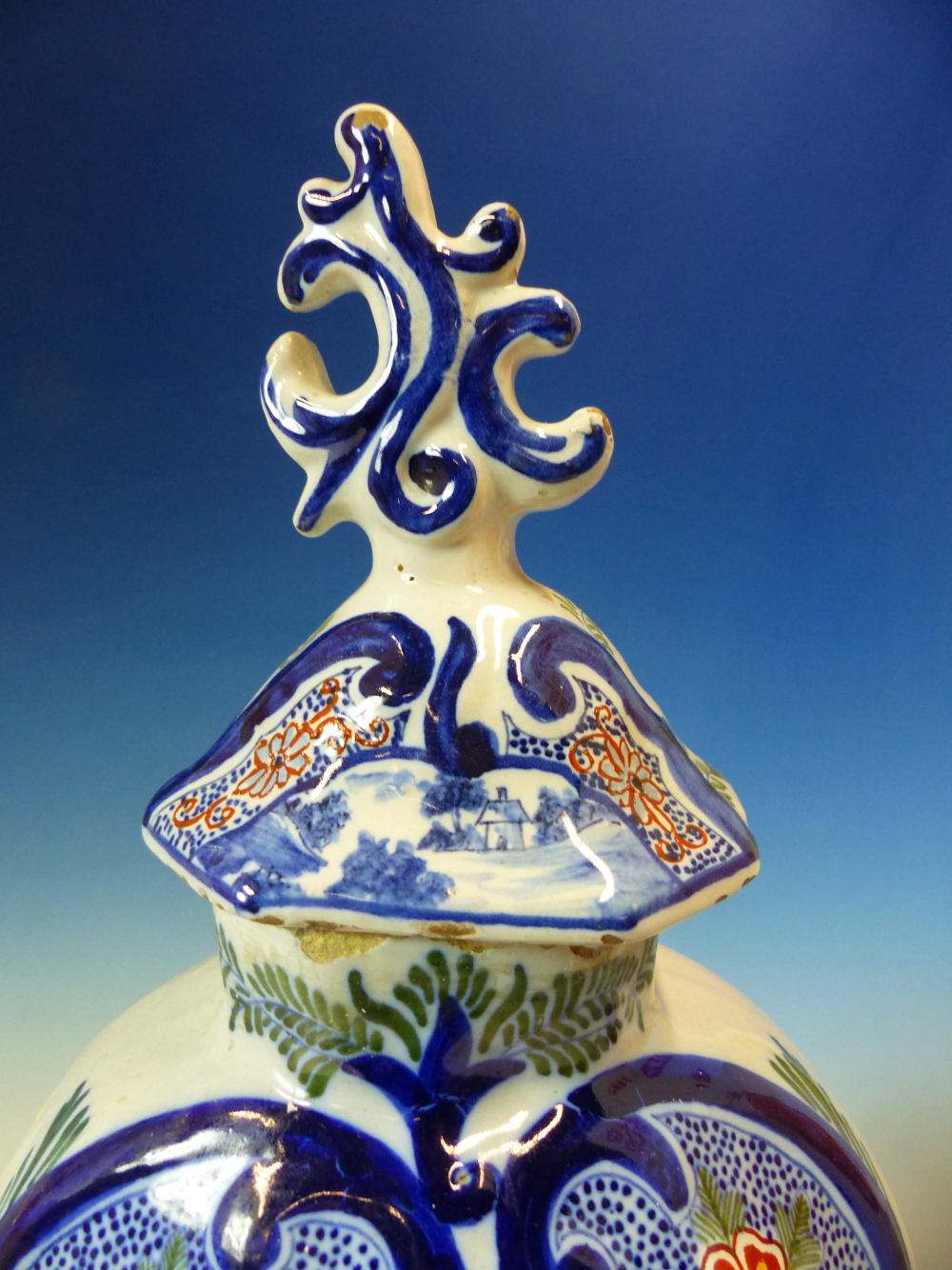 TWO 19th C. DUTCH DELFT POLYCHROME VASES AND COVERS OF FLATTENED BALUSTER SHAPE, ONE PAINTED WITH - Image 9 of 14