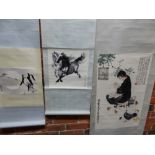 THREE CHINESE SCROLLS DEPICTING AN INSECT AGAINST A FULL MOON. 23 x 29cms. TWO GALLOPING HORSES.