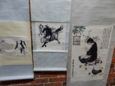 THREE CHINESE SCROLLS DEPICTING AN INSECT AGAINST A FULL MOON. 23 x 29cms. TWO GALLOPING HORSES.