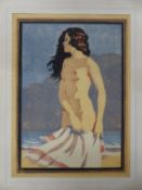 NEAVE PARKER (1910-1961). ARR. BY THE SEA. LINO CUT. 27 x 19.5cms. UNFRAMED.