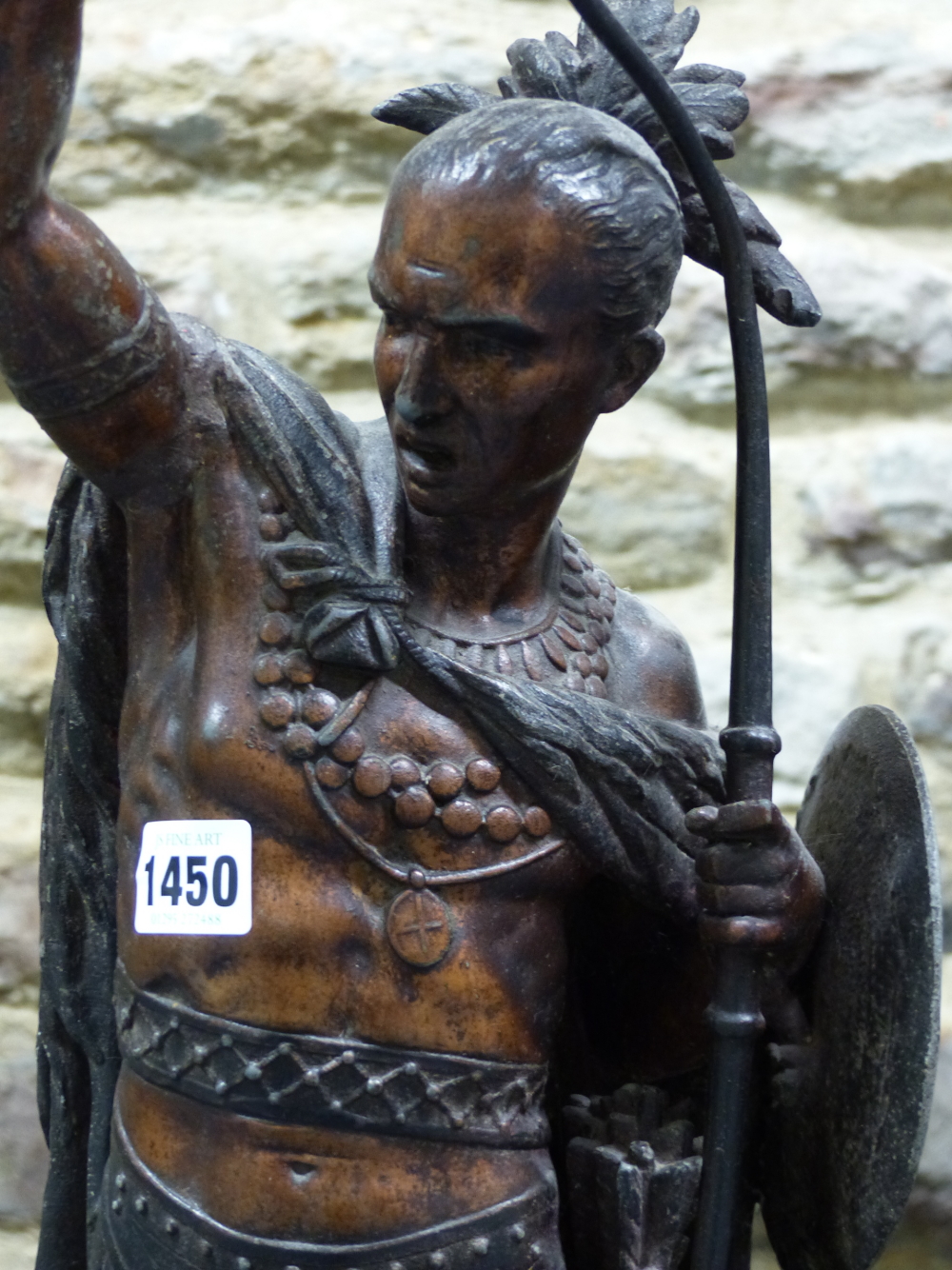 A SPELTER FIGURAL LAMP CAST AS AN AMERICAN INDIAN WITH BOW AND SHIELD IN HIS LEFT HAND WHILE THE - Image 2 of 9