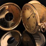 AN 18ct GOLD AND BLUE ENAMEL HALF HUNTER POCKET WATCH. STAMPED WITH THE GOLD IMPORT MARK FOR LONDON.