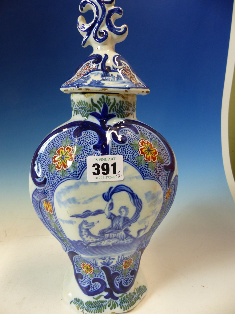 TWO 19th C. DUTCH DELFT POLYCHROME VASES AND COVERS OF FLATTENED BALUSTER SHAPE, ONE PAINTED WITH - Image 8 of 14