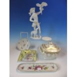 A KAISER WHITE PORCELAIN FIGURE OF A FALCONER. H 26cms. A GERMAN PORCELAIN INKWELL AND A PEN TRAY,