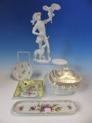 A KAISER WHITE PORCELAIN FIGURE OF A FALCONER. H 26cms. A GERMAN PORCELAIN INKWELL AND A PEN TRAY,