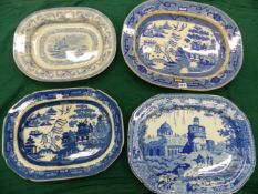 FOUR ENGLISH BLUE AND WHITE CANTED RECTANGULAR PLATTERS, ONE OF THE TWO WILLOW PATTERN EXAMPLES