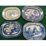 FOUR ENGLISH BLUE AND WHITE CANTED RECTANGULAR PLATTERS, ONE OF THE TWO WILLOW PATTERN EXAMPLES