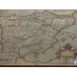 AN EARLY ANTIQUE HAND COLOURED MAP OF SPAIN. 38.5 x 51cms.