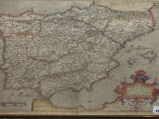 AN EARLY ANTIQUE HAND COLOURED MAP OF SPAIN. 38.5 x 51cms.