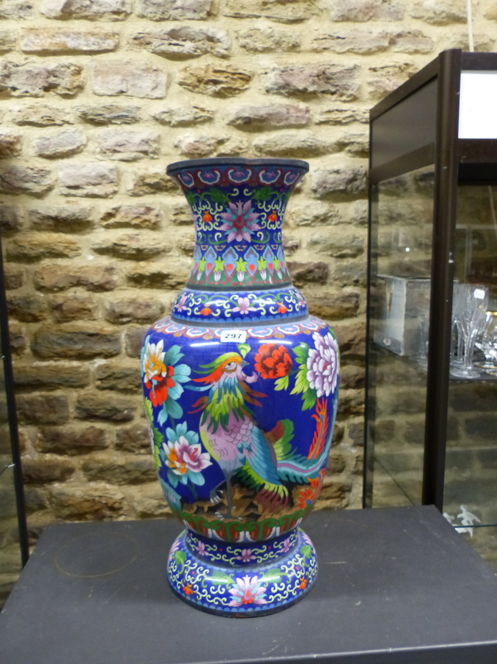 A CHINESE CLOISONNE ENAMEL BALUSTER VASE WORKED WITH TWO PHOENIX AMONGST PEONIES ON A DEEP BLUE - Image 2 of 9