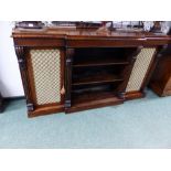 A 19th C. ROSEWOOD BREAKFRONT SIDE CABINET, THE CENTRAL OPEN SHELVES FLANKED BY LEAF TOPPED REEDED